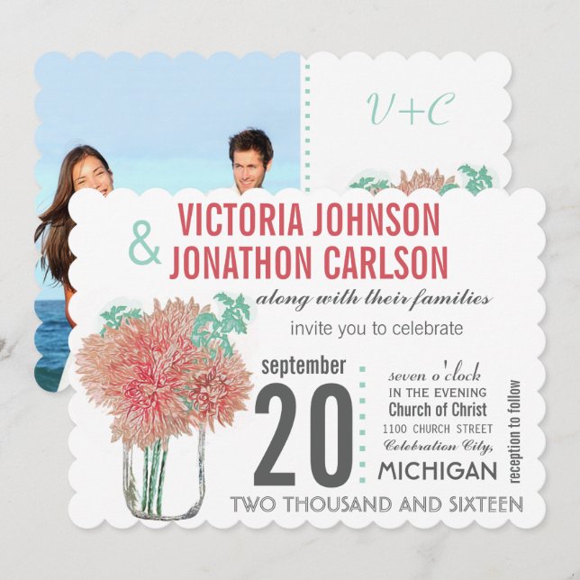 Coral and Mint Chrysanthemum in a Mason Jar Invitation (Front/Back)