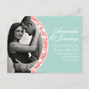 Coral and Mint Damask Photo Wedding Save The Date Announcement Postcard