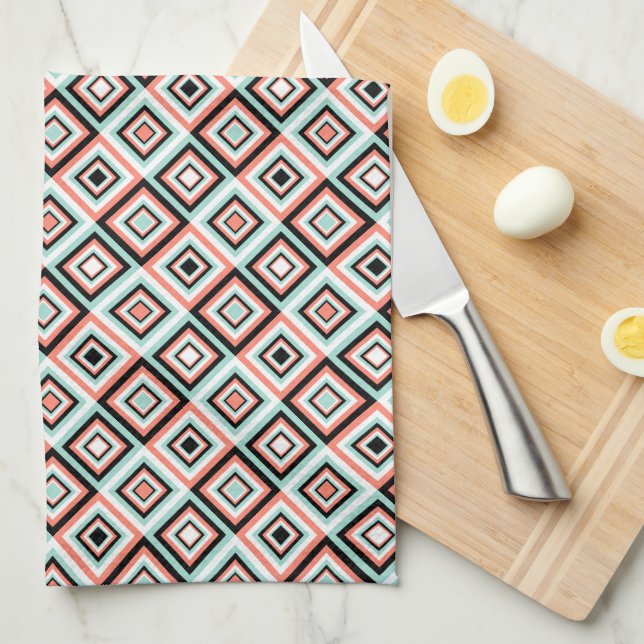 Coral and Mint Diamond Pattern Kitchen Towel (Quarter Fold)