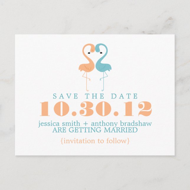 Coral and Mint Flamingos Wedding Save the Date Announcement Postcard (Front)