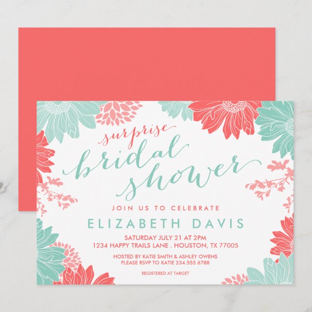 Coral and Mint Floral Surprise Bridal Shower Invitation (Front/Back)