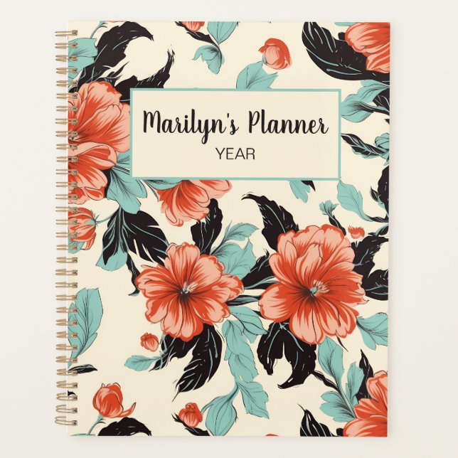 Coral and Mint Foral Personalized Planner (Front)