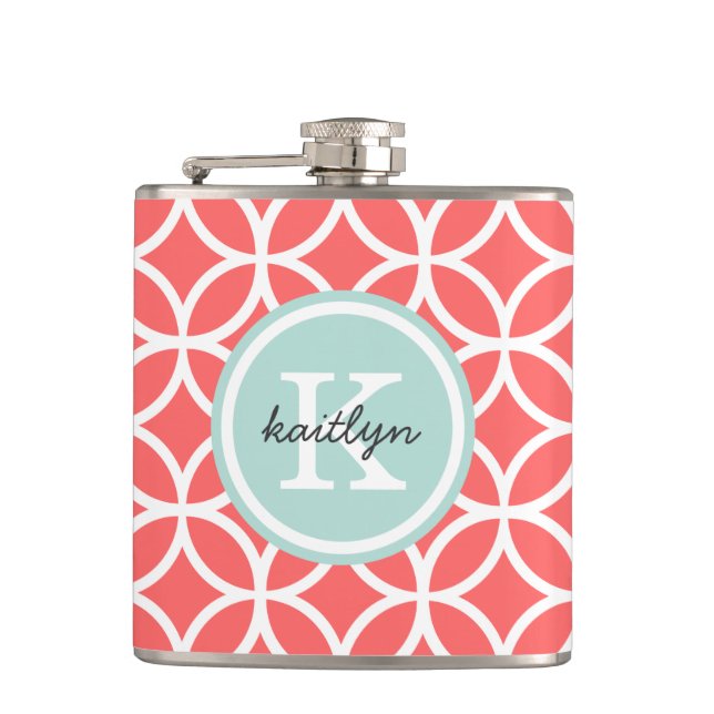 Coral and Mint Geometric Diamonds Custom Monogram Hip Flask (Front)