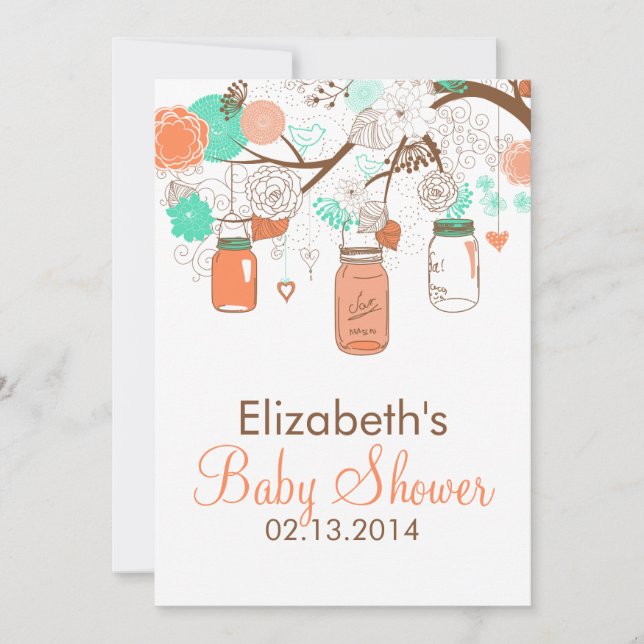 Coral and Mint Hanging Mason Jars Baby Shower Invitation (Front)