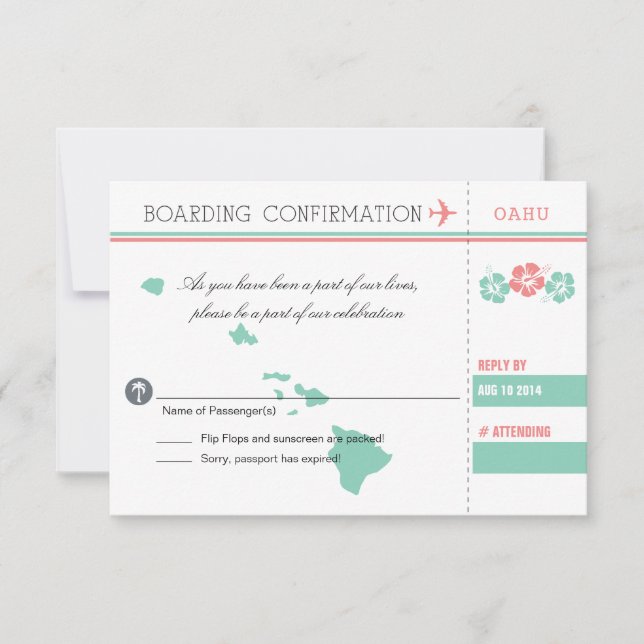 Coral and Mint OAHU Wedding RSVP Boarding Pass (Front)