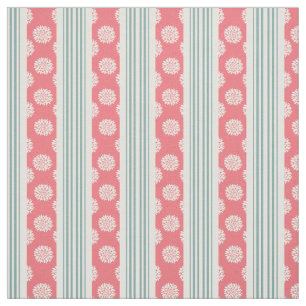 Coral and Mint Peonies and Stripes Fabric