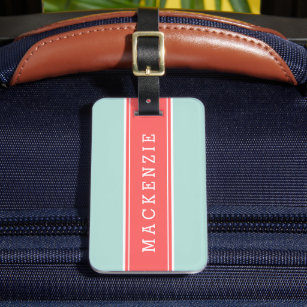 Coral and Mint Rugby Stripe Custom Monogram Luggage Tag