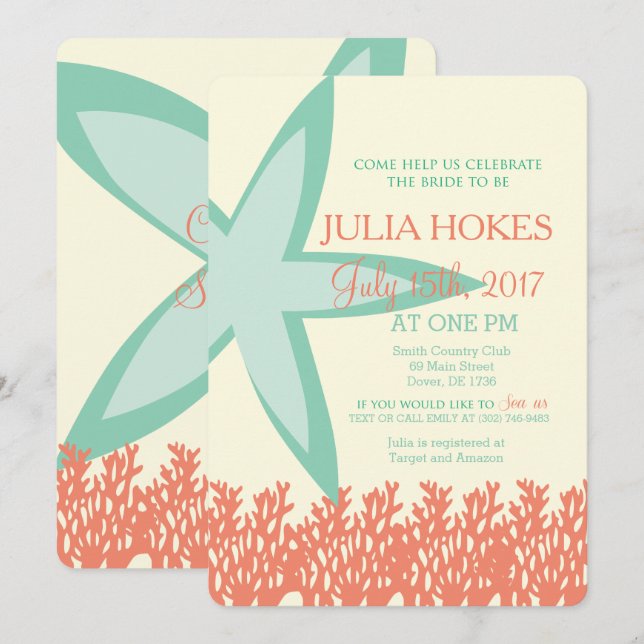Coral and Mint Starfish Bridal Shower Invitation (Front/Back)