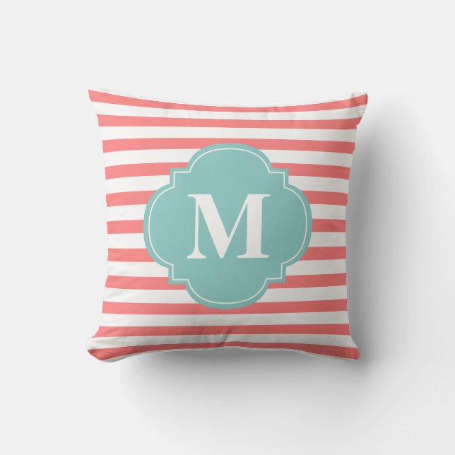 Coral and Mint Stripes Monogram Throw Pillow (Front)
