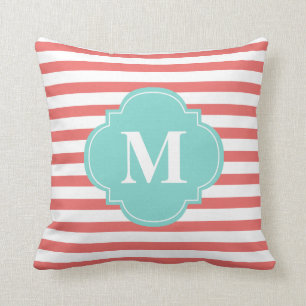 Coral and Mint Stripes Monogram Throw Pillow