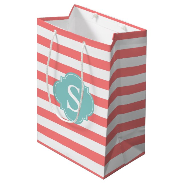 Coral and Mint Stripes Monogrammed Medium Gift Bag (Front Angled)