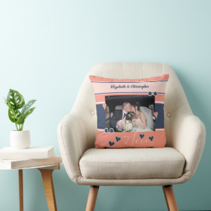 Coral and navy anniversary with photo throw pillow