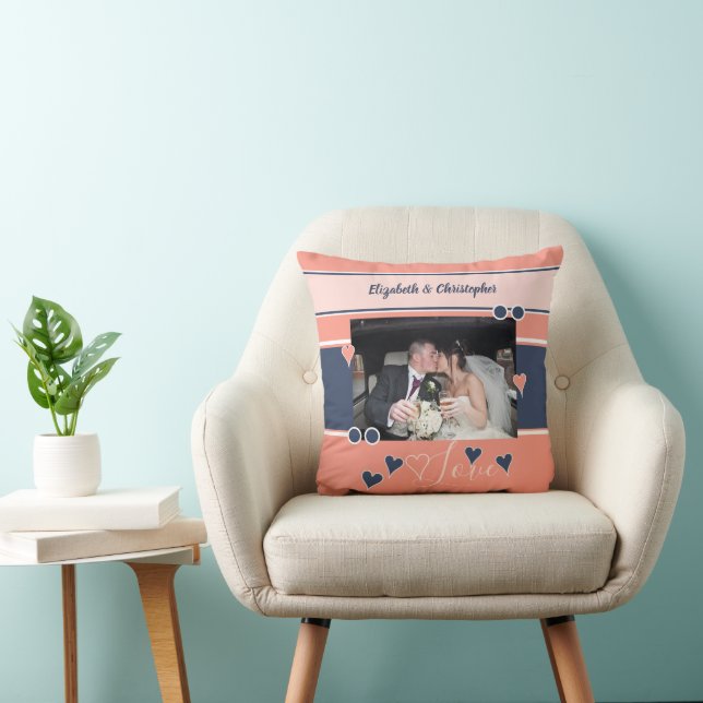 Coral and navy anniversary with photo throw pillow (Chair)