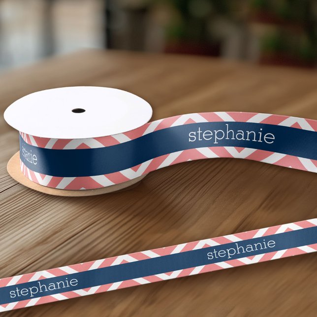 Coral and Navy Blue Chevrons Custom Name Satin Ribbon (Custom Ribbon - add your personalized text)
