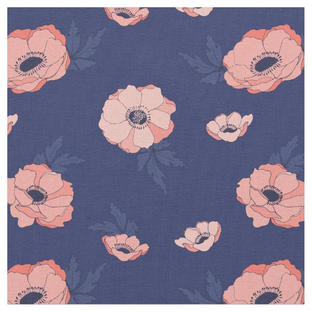 Coral and Navy Blue Floral Pattern Fabric (Close Up)