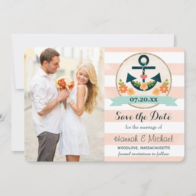 CORAL AND NAVY BLUE NAUTICAL ANCHOR SAVE THE DATE (Front)