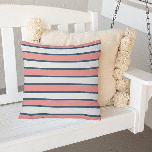 Coral and Navy Blue Summer Stripe Outdoor Outdoor Pillow