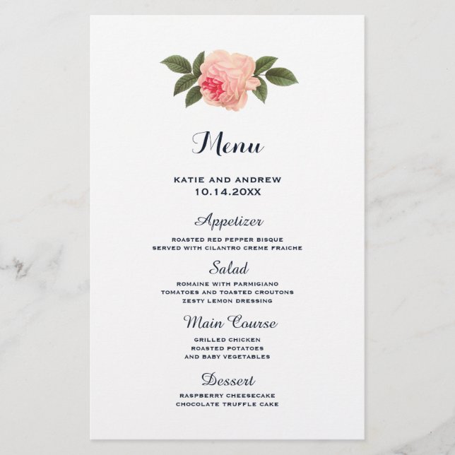 Coral and Navy Blue Wedding Menu (Front)