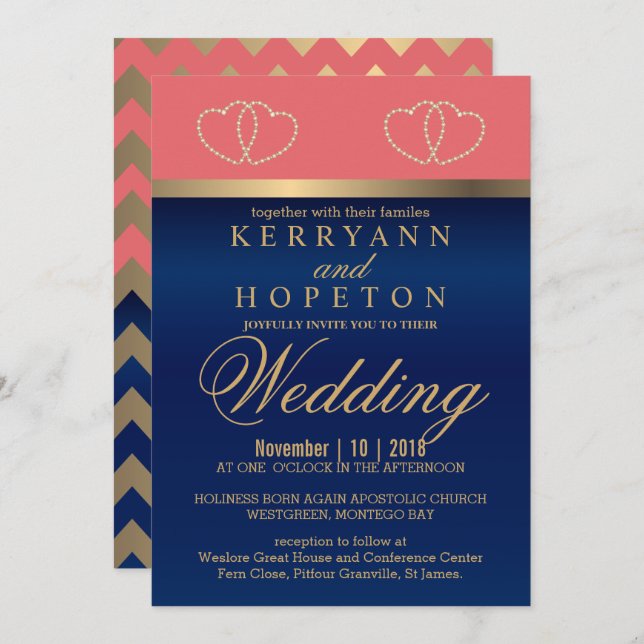 Coral and Navy Blue with Gold Hearts - Custom Invitation (Front/Back)