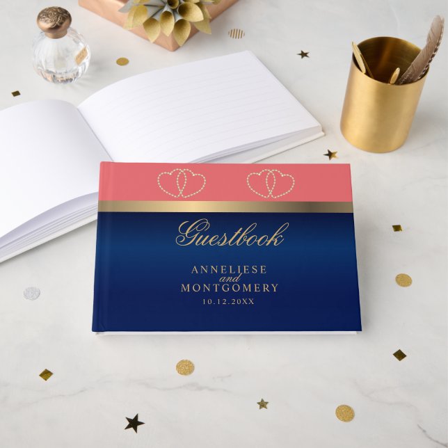 Coral and Navy Blue with Gold Hearts Guest Book (Front Open)