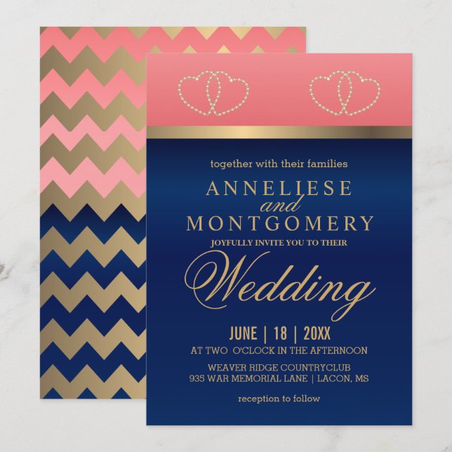 Coral and Navy Blue with Gold Hearts - Invitation (Front/Back)