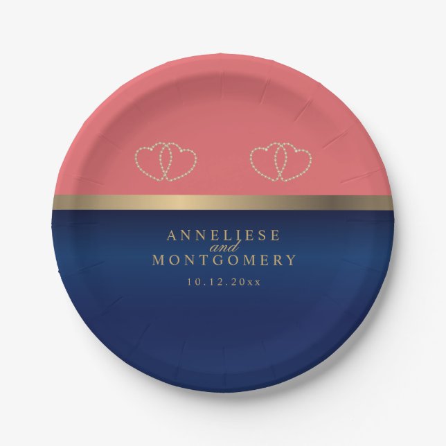 Coral and Navy Blue with Gold Hearts Paper Plate (Front)