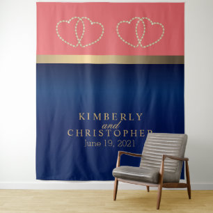 Coral and Navy Blue with Gold Hearts Tapestry