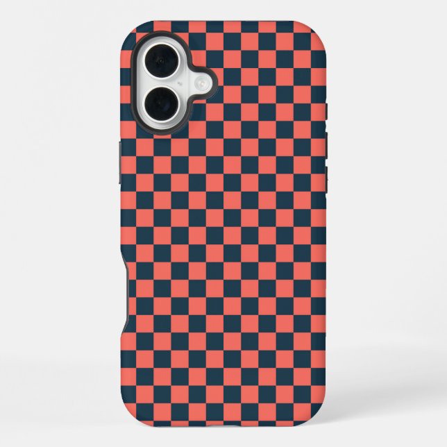 Coral and navy checkerboard pattern iPhone case (Back)