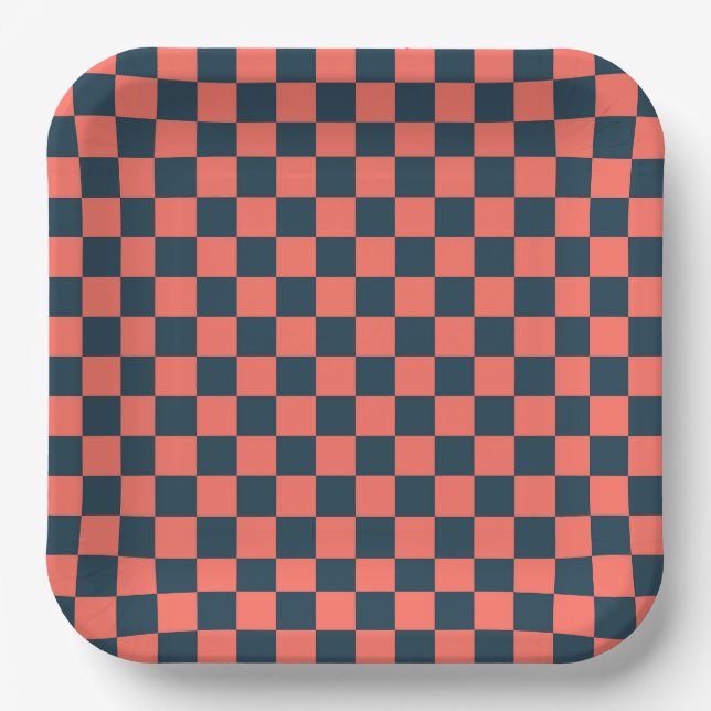 Coral and navy checkerboard pattern paper plate (Front)