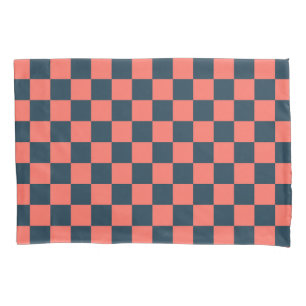 Coral and navy checkerboard pattern pillowcase