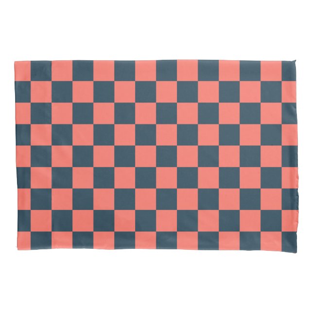 Coral and navy checkerboard pattern pillowcase (Front-Left)
