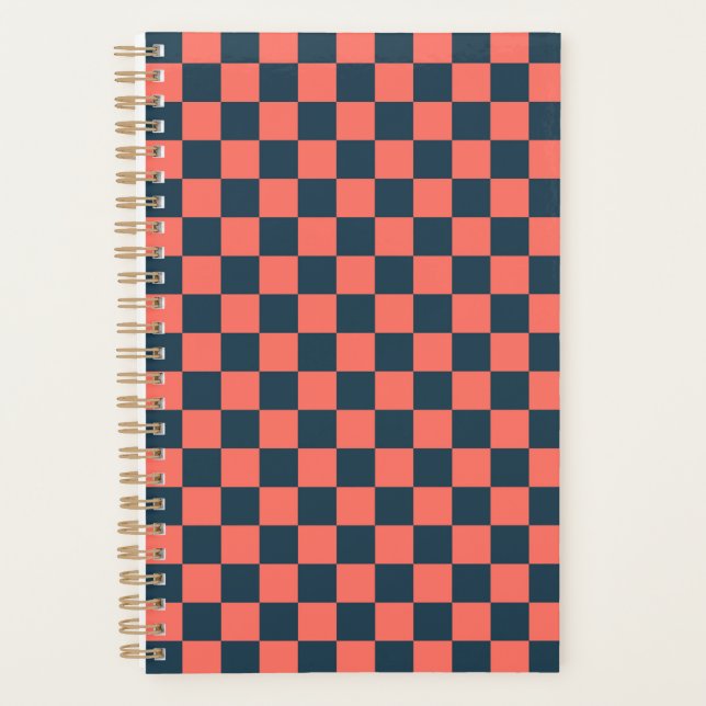 Coral and navy checkerboard pattern planner (Front)