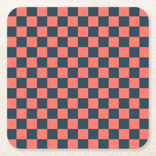 Coral and navy checkerboard pattern square paper coaster
