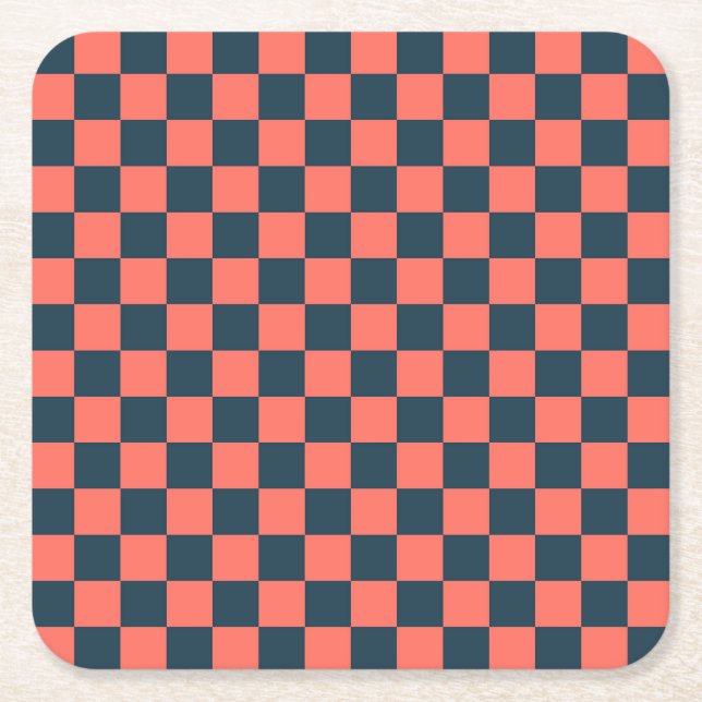 Coral and navy checkerboard pattern square paper coaster (Front)