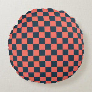 Coral and navy chequerboard pattern round pillow