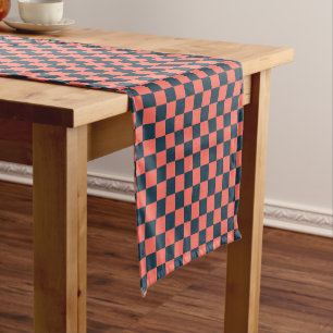 Coral and navy chequerboard pattern short table runner