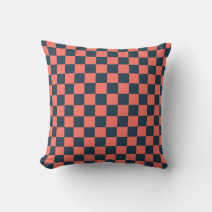 Coral and navy chequerboard pattern throw pillow