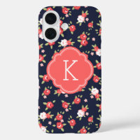 Coral and Navy Chic Vintage Floral Print Monogram