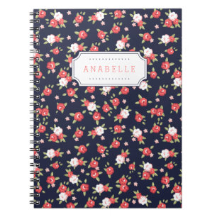 Coral and Navy Chic Vintage Floral Print Monogram Notebook