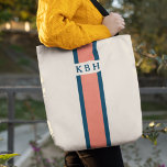 Coral and Navy | Classic Stripe Monogram Tote Bag<br><div class="desc">Personalize this colourful striped tote with your single initial monogram for a bag that's uniquely yours! Timeless and classic preppy design features a vertical racing stripe in vibrant coral and rich navy blue with your three initial monogram in the centre.</div>