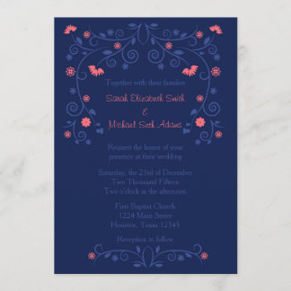 Coral and Navy Floral 5x7 Wedding Invitation