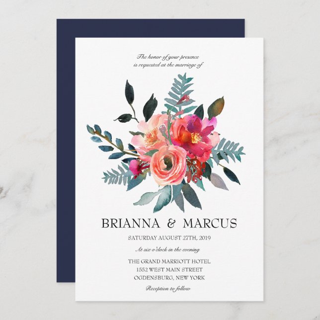 Coral and Navy Floral Wedding Invitation (Front/Back)