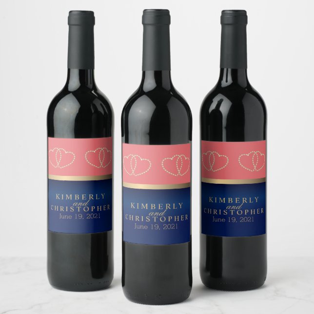 Coral and Navy, Gold Hearts  Wine Label (Bottles)