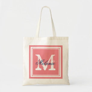 Coral and navy monogram wedding party tote bags