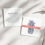Coral and Navy Pineapple Square Business Card<br><div class="desc">Modern preppy business cards in vibrant coral and classic navy blue feature a vintage style pineapple illustration with a bright band of coral peach bearing your name or business name. Personalize the reverse side with your full contact information in matching navy. Suitable for any occupation; example shown for a retail...</div>
