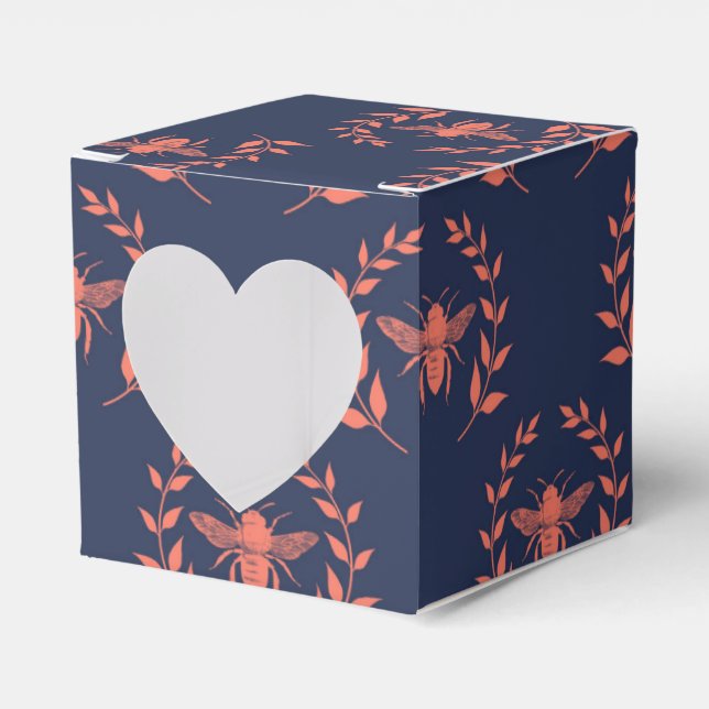 Coral and Navy Queen Bee Pattern Favor Box (Front Side)