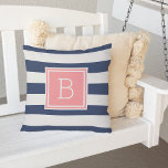 Coral and Navy Stripe Monogram Outdoor Outdoor Pillow<br><div class="desc">Add bold, modern style to your patio, deck or pool with our monogrammed outdoor throw pillow in a classic preppy colour palette of coral and navy. Design features wide navy blue and white horizontal stripes on both sides, with your single initial monogram on the front in vibrant, summery coral peach....</div>
