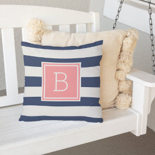 Coral and Navy Stripe Monogram Outdoor Pillow