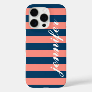 Coral and Navy Stripes Custom Script Monogram Name iPhone 16 Pro Case