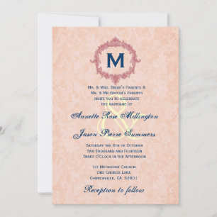 Coral and Navy Vintage Frame Monogram Wedding Invitation